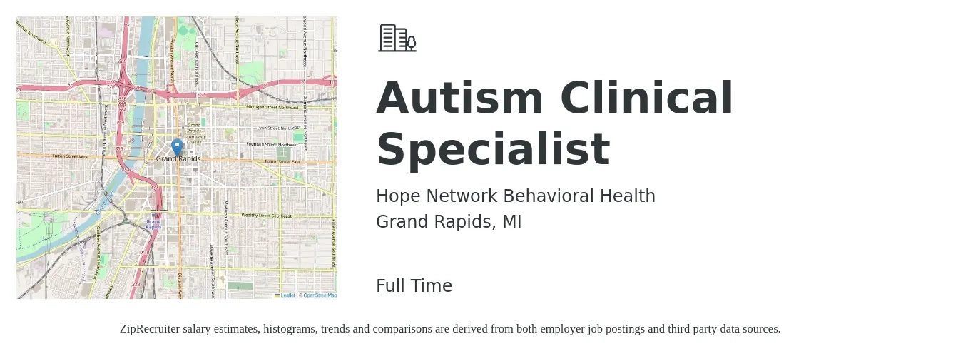 Hope Network Behavioral Health job posting for a Autism Clinical Specialist in Grand Rapids, MI with a salary of $41,500 to $76,500 Yearly with a map of Grand Rapids location.