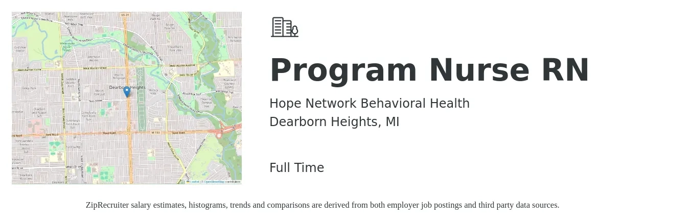 Hope Network Behavioral Health job posting for a Program Nurse RN in Dearborn Heights, MI with a salary of $28 to $42 Hourly with a map of Dearborn Heights location.