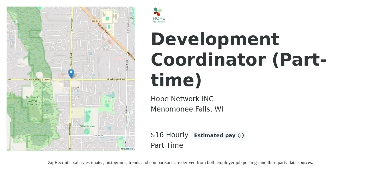 Hope Network INC job posting for a Development Coordinator (Part-time) in Menomonee Falls, WI with a salary of $17 Hourly with a map of Menomonee Falls location.