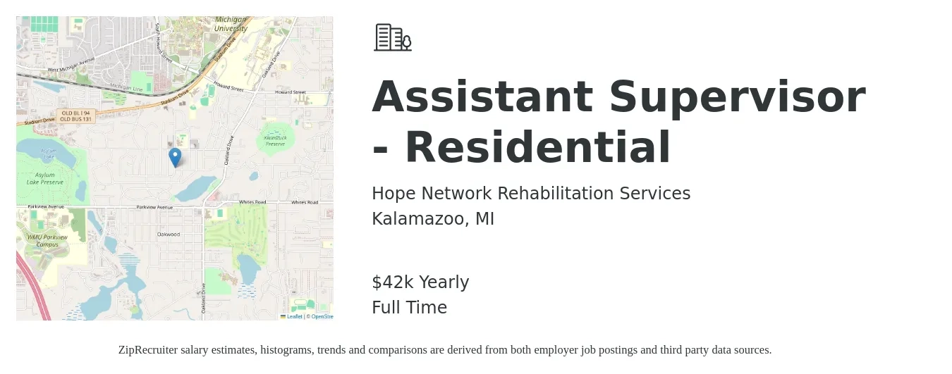 Hope Network Rehabilitation Services job posting for a Assistant Supervisor - Residential in Kalamazoo, MI with a salary of $42,000 Yearly with a map of Kalamazoo location.