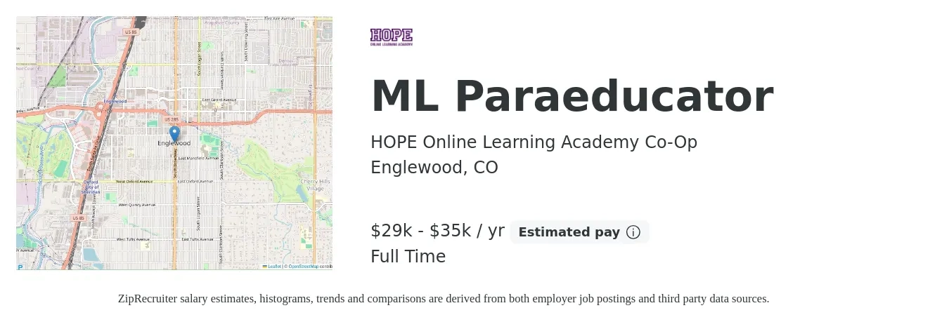 HOPE Online Learning Academy Co-Op job posting for a ML Paraeducator in Englewood, CO with a salary of $29,000 to $35,000 Yearly with a map of Englewood location.