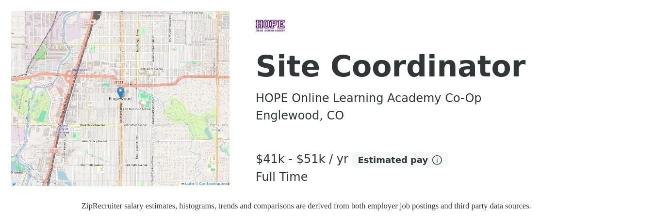 HOPE Online Learning Academy Co-Op job posting for a Site Coordinator in Englewood, CO with a salary of $41,000 to $51,000 Yearly with a map of Englewood location.