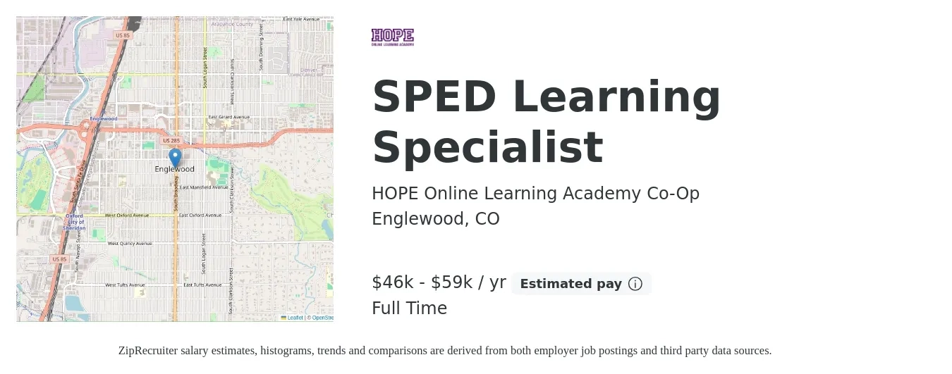HOPE Online Learning Academy Co-Op job posting for a SPED Learning Specialist in Englewood, CO with a salary of $46,000 to $59,000 Yearly with a map of Englewood location.