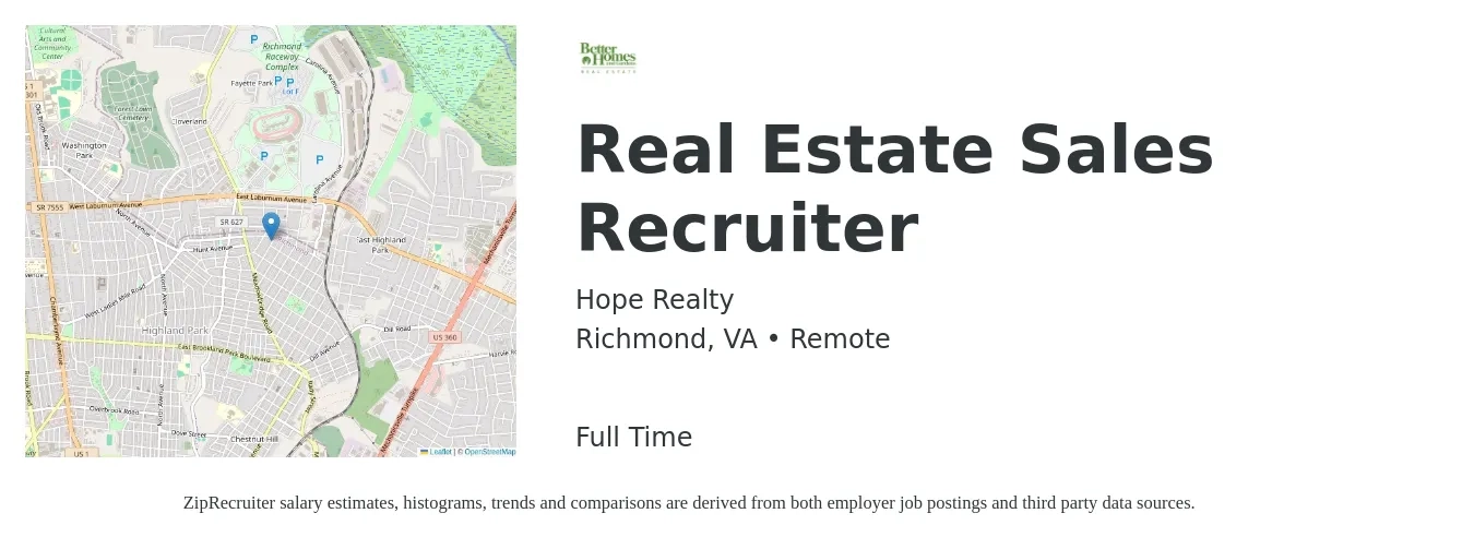 Hope Realty job posting for a Real Estate Sales Recruiter in Richmond, VA with a salary of $55,400 to $96,000 Yearly with a map of Richmond location.