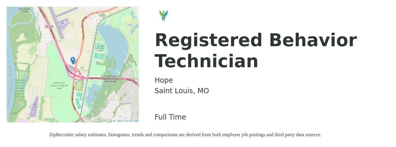 Hope job posting for a Registered Behavior Technician in Saint Louis, MO with a salary of $17 to $22 Hourly with a map of Saint Louis location.