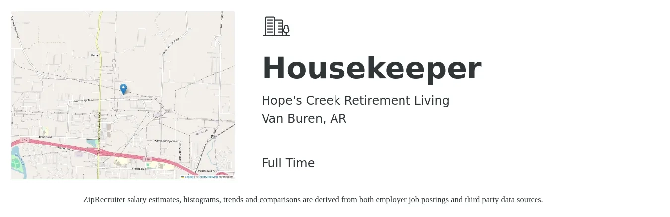 Hope's Creek Retirement Living job posting for a Housekeeper in Van Buren, AR with a salary of $14 to $17 Hourly with a map of Van Buren location.