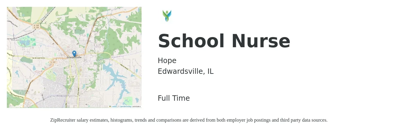 Hope job posting for a School Nurse in Edwardsville, IL with a salary of $25 to $38 Hourly with a map of Edwardsville location.