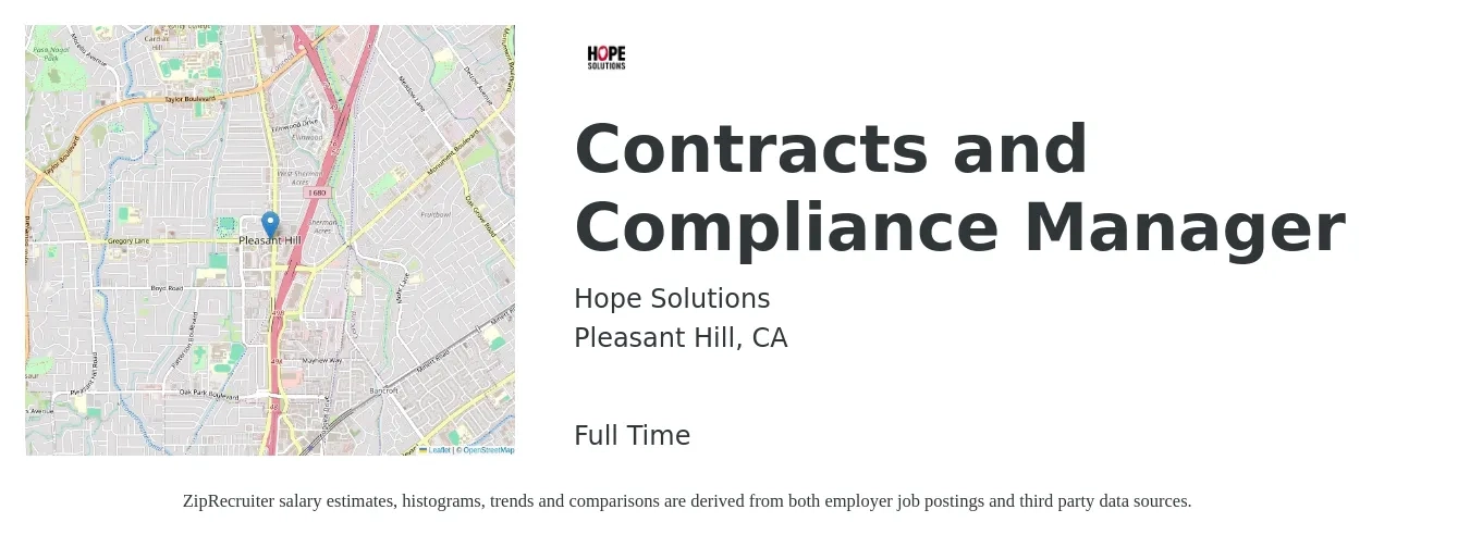 Hope Solutions job posting for a Contracts and Compliance Manager in Pleasant Hill, CA with a salary of $92,000 to $107,000 Yearly with a map of Pleasant Hill location.