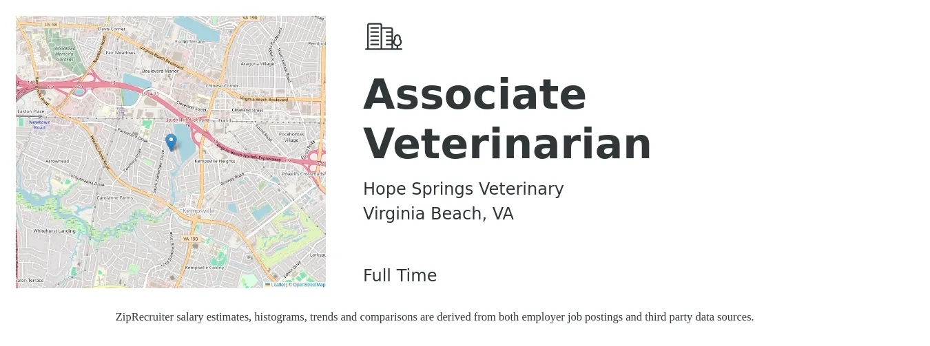 Hope Springs Veterinary job posting for a Associate Veterinarian in Virginia Beach, VA with a salary of $115 Hourly with a map of Virginia Beach location.