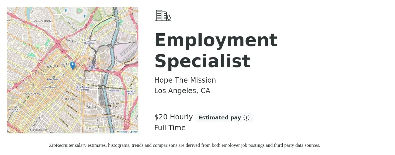 Hope The Mission job posting for a Employment Specialist in Los Angeles, CA with a salary of $21 Hourly with a map of Los Angeles location.