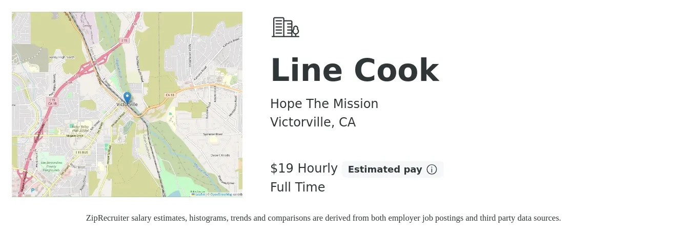 Hope The Mission job posting for a Line Cook in Victorville, CA with a salary of $20 Hourly with a map of Victorville location.