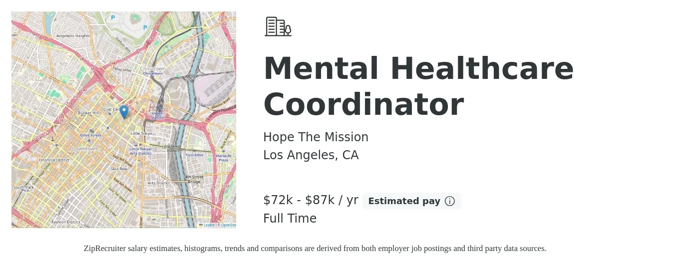 Hope The Mission job posting for a Mental Healthcare Coordinator in Los Angeles, CA with a salary of $72,500 to $87,500 Yearly with a map of Los Angeles location.