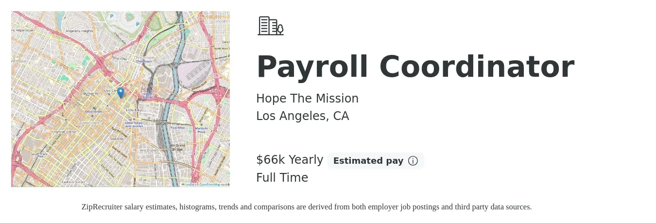 Hope The Mission job posting for a Payroll Coordinator in Los Angeles, CA with a salary of $66,560 Yearly with a map of Los Angeles location.