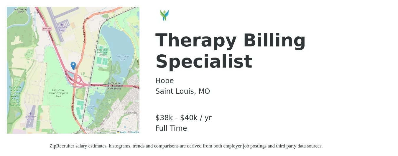 Hope job posting for a Therapy Billing Specialist in Saint Louis, MO with a salary of $38,000 to $40,000 Yearly with a map of Saint Louis location.