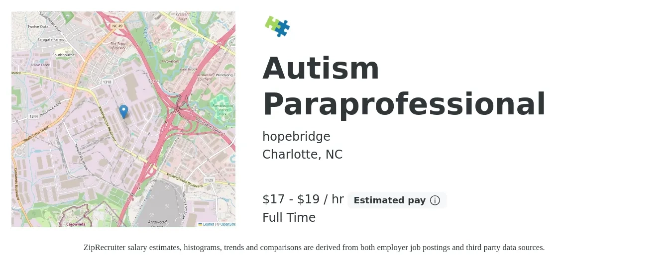 hopebridge job posting for a Autism Paraprofessional in Charlotte, NC with a salary of $17 Hourly with a map of Charlotte location.