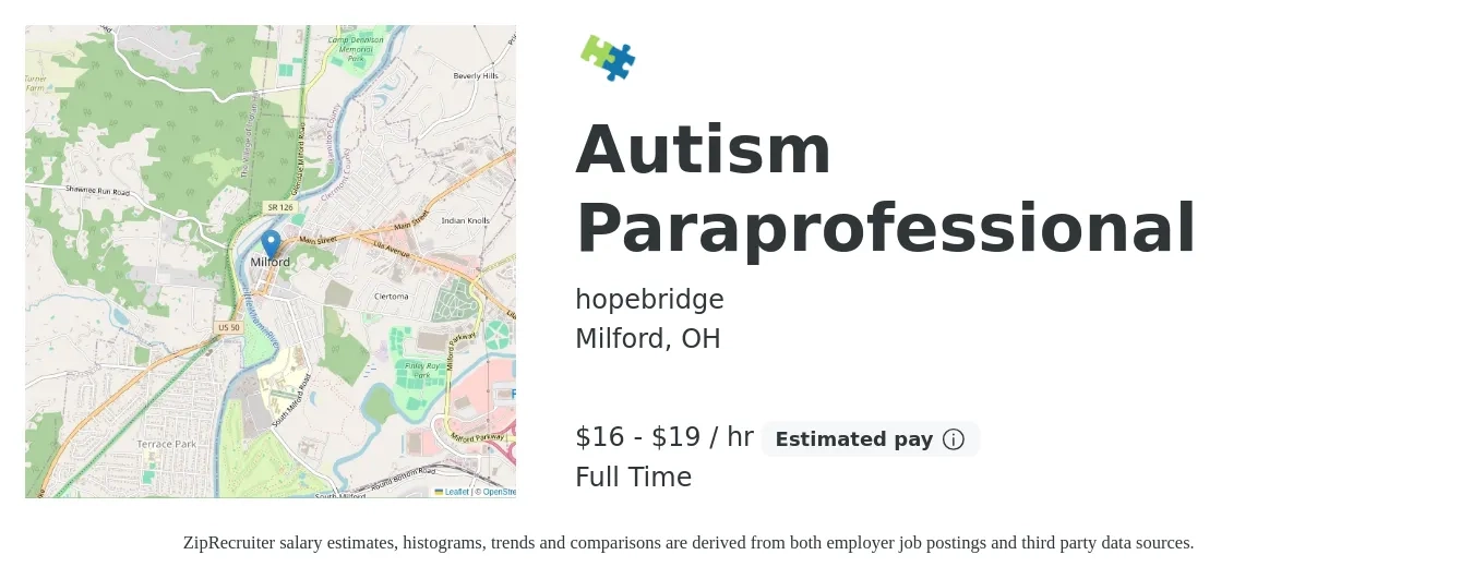 hopebridge job posting for a Autism Paraprofessional in Milford, OH with a salary of $16 Hourly with a map of Milford location.