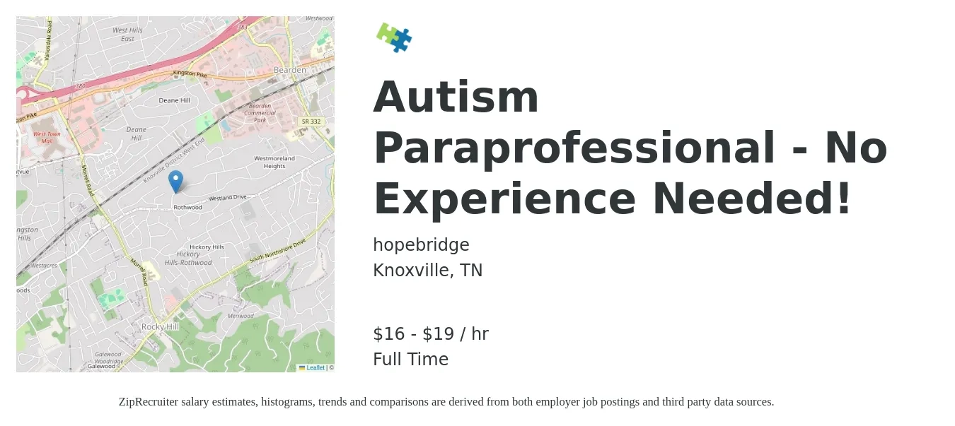 hopebridge job posting for a Autism Paraprofessional - No Experience Needed! in Knoxville, TN with a salary of $16 Hourly with a map of Knoxville location.