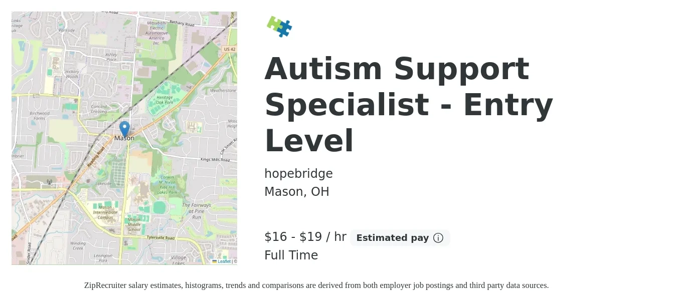 hopebridge job posting for a Autism Support Specialist - Entry Level in Mason, OH with a salary of $16 Hourly with a map of Mason location.