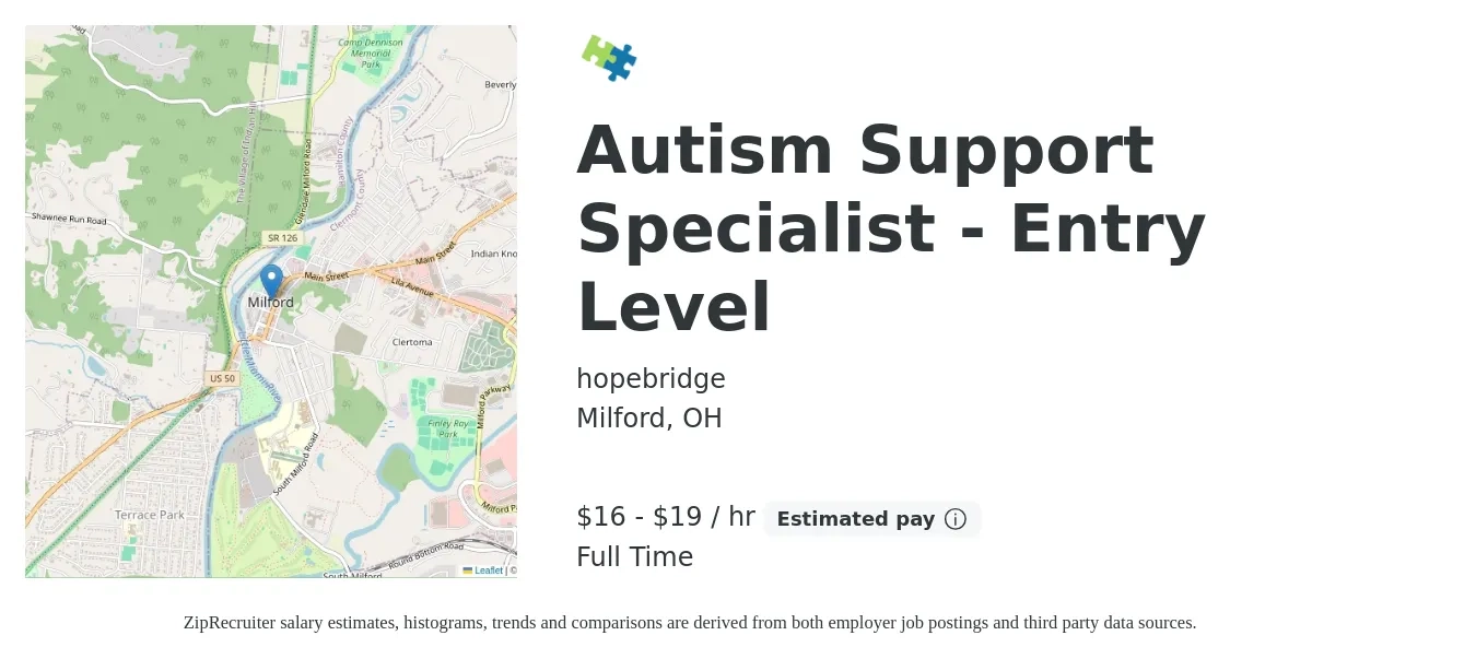 hopebridge job posting for a Autism Support Specialist - Entry Level in Milford, OH with a salary of $16 Hourly with a map of Milford location.