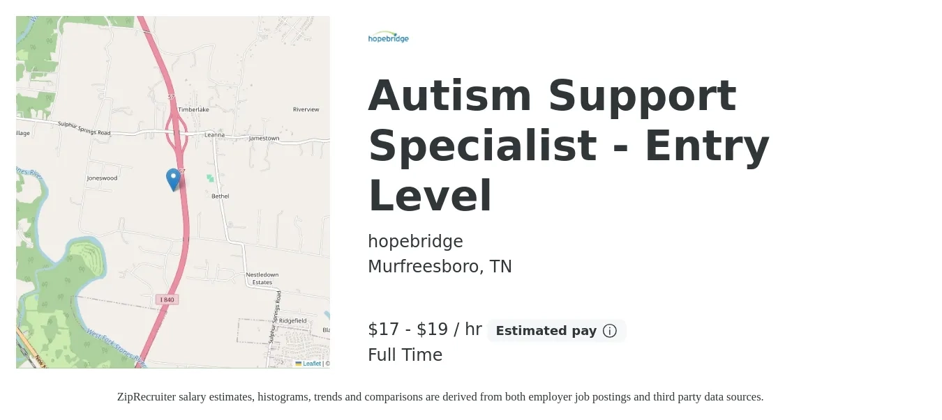 hopebridge job posting for a Autism Support Specialist - Entry Level in Murfreesboro, TN with a salary of $16 Hourly with a map of Murfreesboro location.