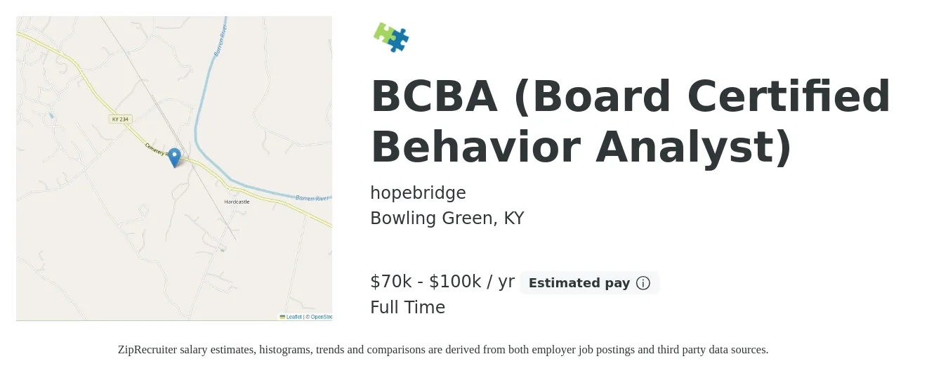 hopebridge job posting for a BCBA (Board Certified Behavior Analyst) in Bowling Green, KY with a salary of $70,000 to $100,000 Yearly with a map of Bowling Green location.