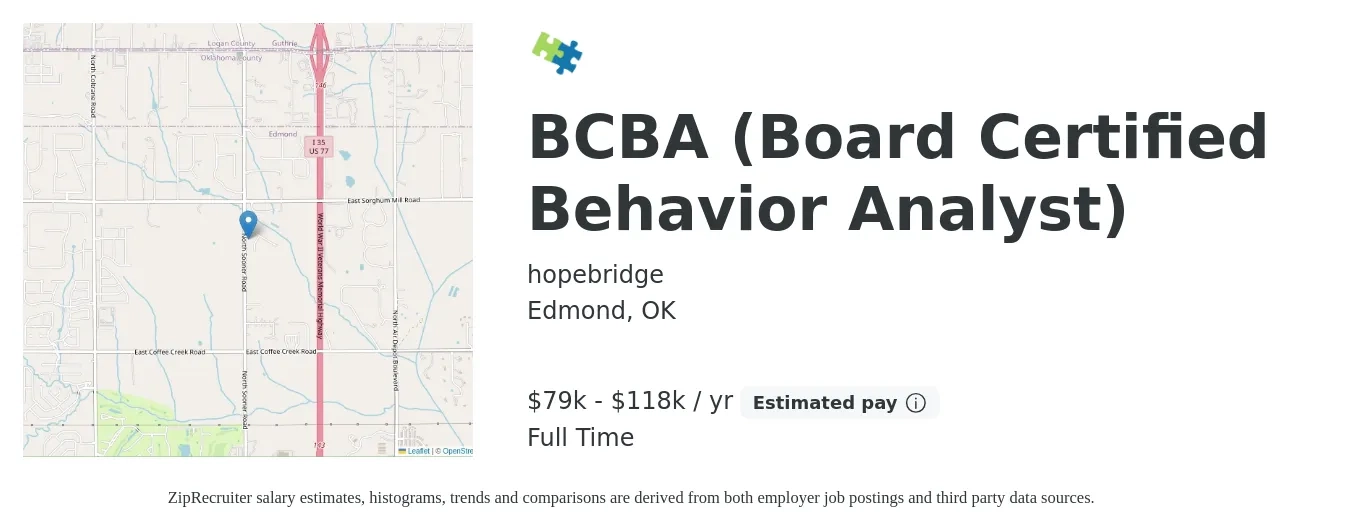 hopebridge job posting for a BCBA (Board Certified Behavior Analyst) in Edmond, OK with a salary of $79,000 to $118,000 Yearly with a map of Edmond location.