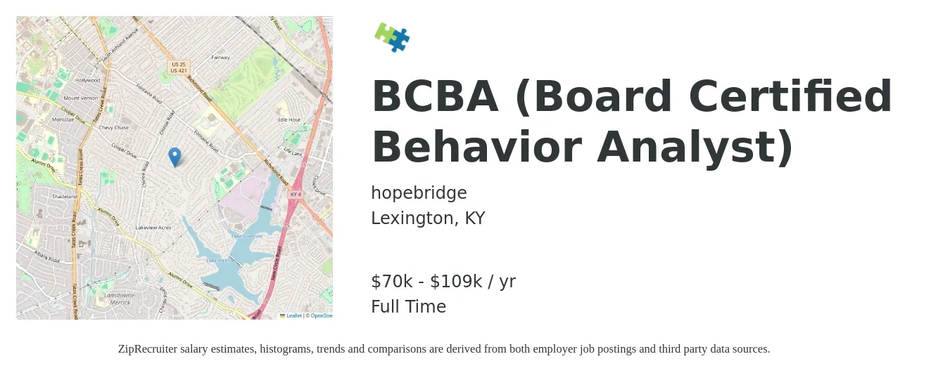 hopebridge job posting for a BCBA (Board Certified Behavior Analyst) in Lexington, KY with a salary of $70,125 to $109,938 Yearly with a map of Lexington location.