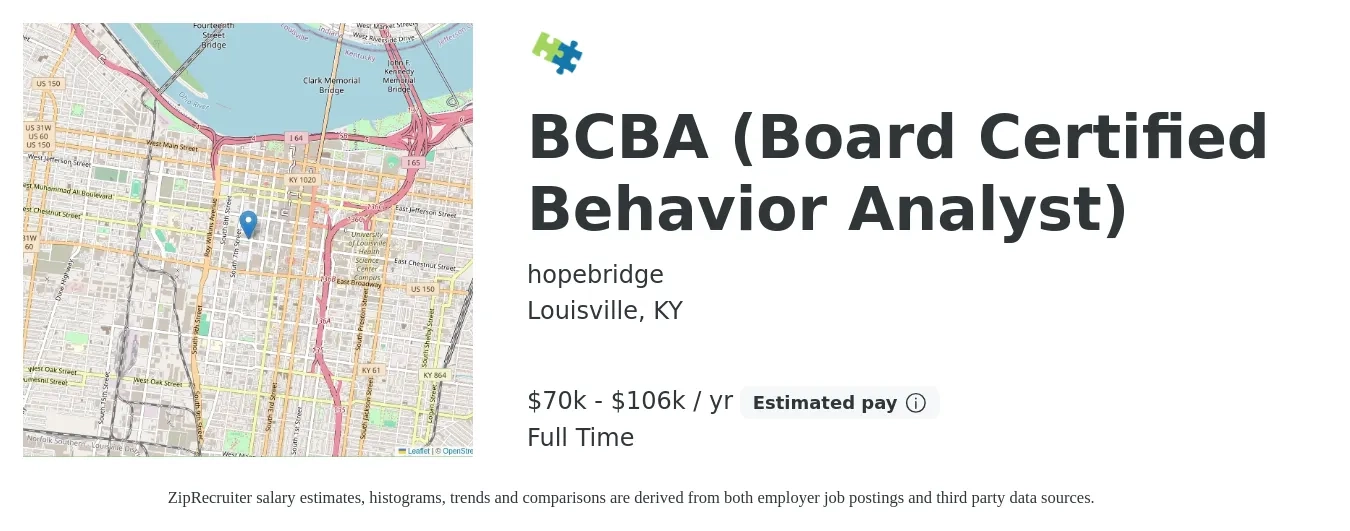 hopebridge job posting for a BCBA (Board Certified Behavior Analyst) in Louisville, KY with a salary of $70,000 to $100,000 Yearly with a map of Louisville location.
