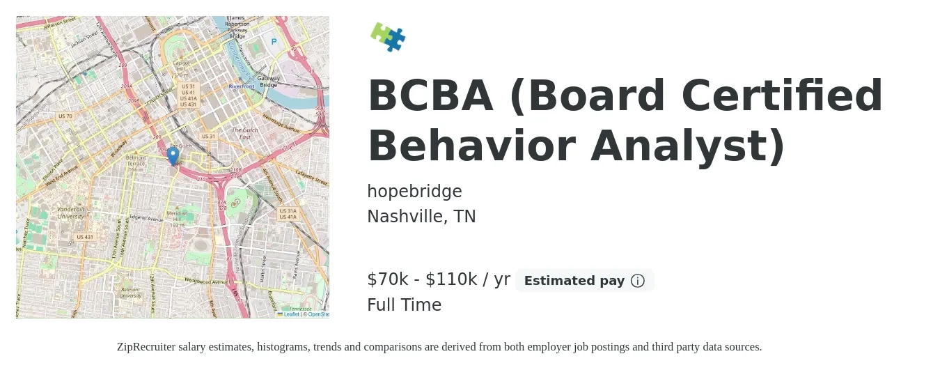 hopebridge job posting for a BCBA (Board Certified Behavior Analyst) in Nashville, TN with a salary of $70,000 to $110,000 Yearly with a map of Nashville location.