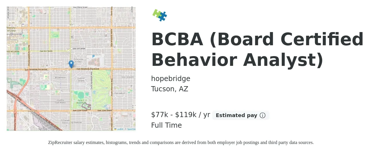 hopebridge job posting for a BCBA (Board Certified Behavior Analyst) in Tucson, AZ with a salary of $77,000 to $119,000 Yearly with a map of Tucson location.