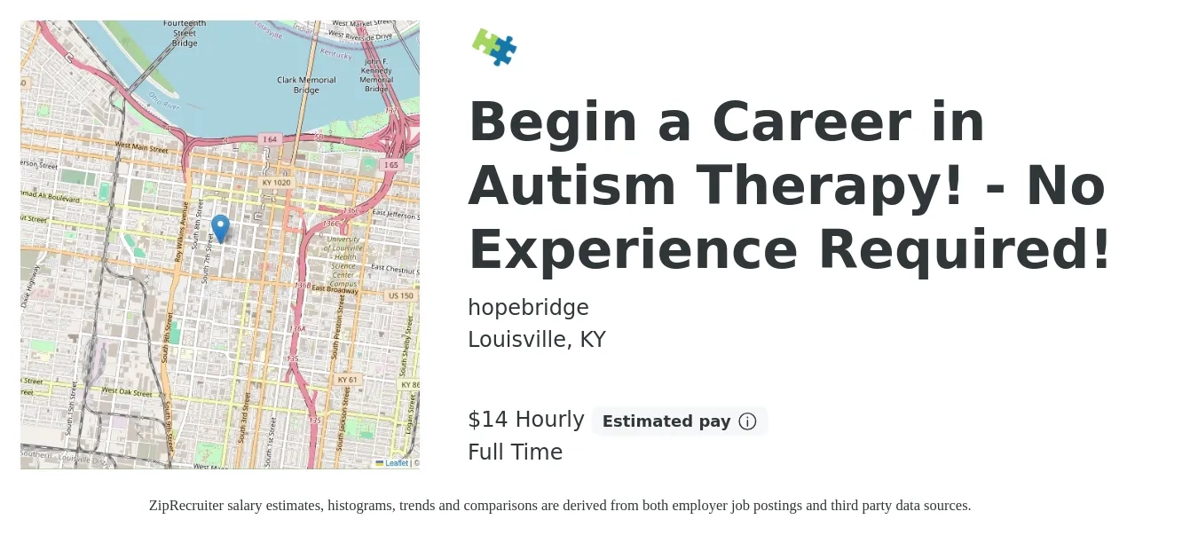 hopebridge job posting for a Begin a Career in Autism Therapy! - No Experience Required! in Louisville, KY with a salary of $16 Hourly with a map of Louisville location.