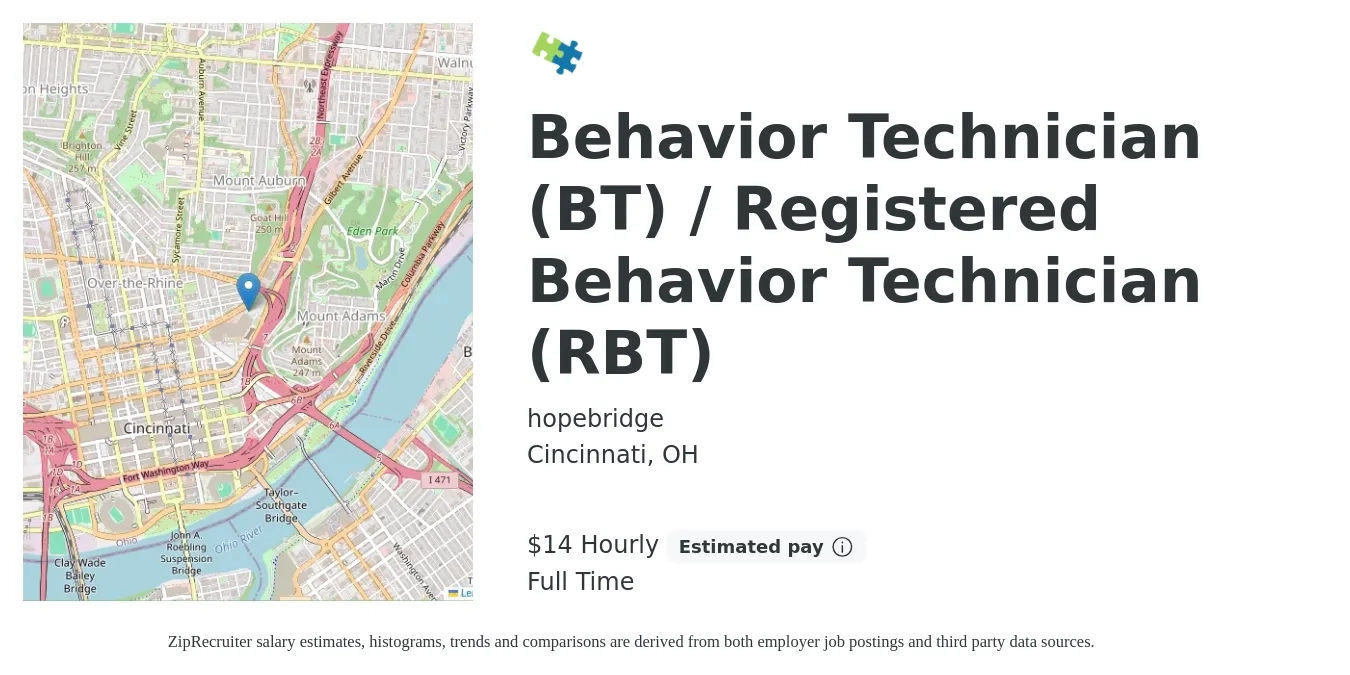 hopebridge job posting for a Behavior Technician (BT) / Registered Behavior Technician (RBT) in Cincinnati, OH with a salary of $16 Hourly with a map of Cincinnati location.