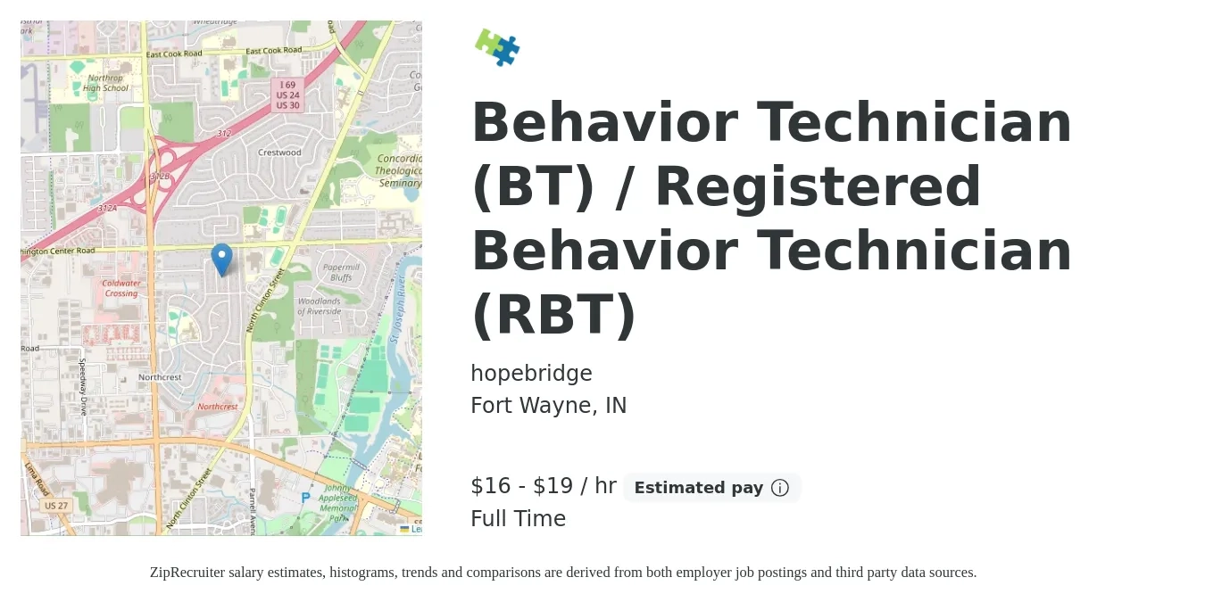 hopebridge job posting for a Behavior Technician (BT) / Registered Behavior Technician (RBT) in Fort Wayne, IN with a salary of $17 to $20 Hourly with a map of Fort Wayne location.