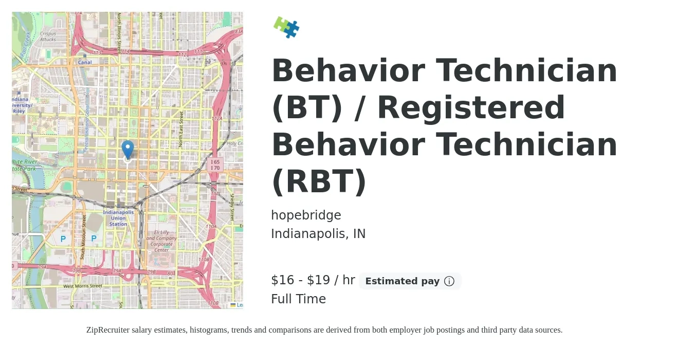 hopebridge job posting for a Behavior Technician (BT) / Registered Behavior Technician (RBT) in Indianapolis, IN with a salary of $17 to $20 Hourly with a map of Indianapolis location.