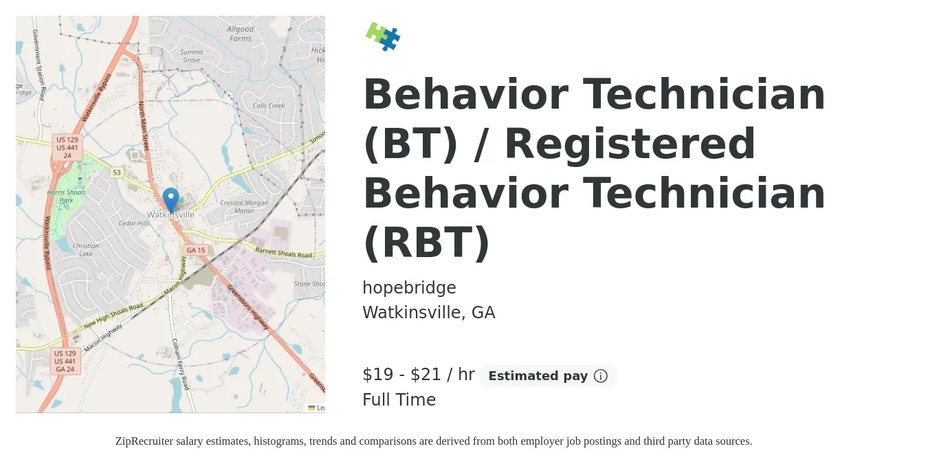 hopebridge job posting for a Behavior Technician (BT) / Registered Behavior Technician (RBT) in Watkinsville, GA with a salary of $20 to $22 Hourly with a map of Watkinsville location.