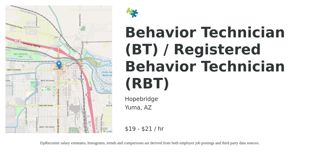 hopebridge job posting for a Behavior Technician (BT) / Registered Behavior Technician (RBT) in Yuma, AZ with a salary of $17 to $22 Hourly with a map of Yuma location.