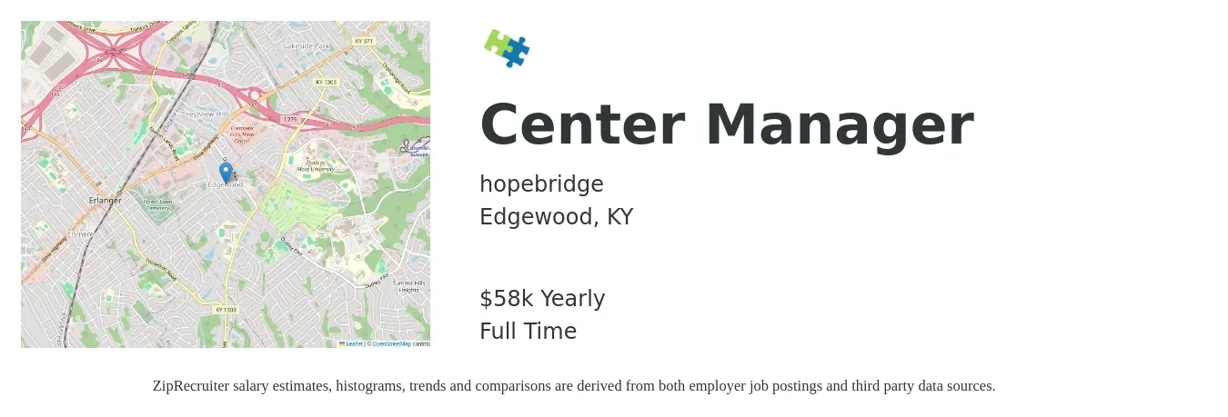 hopebridge job posting for a Center Manager in Edgewood, KY with a salary of $58,000 Yearly with a map of Edgewood location.
