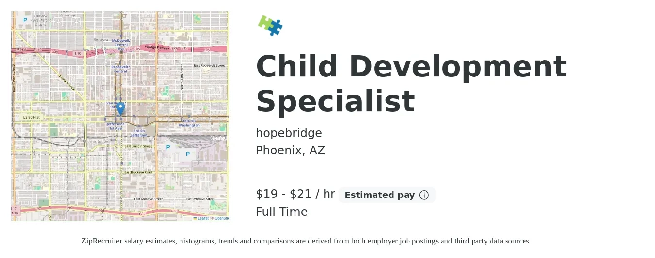 hopebridge job posting for a Child Development Specialist in Phoenix, AZ with a salary of $17 Hourly with a map of Phoenix location.