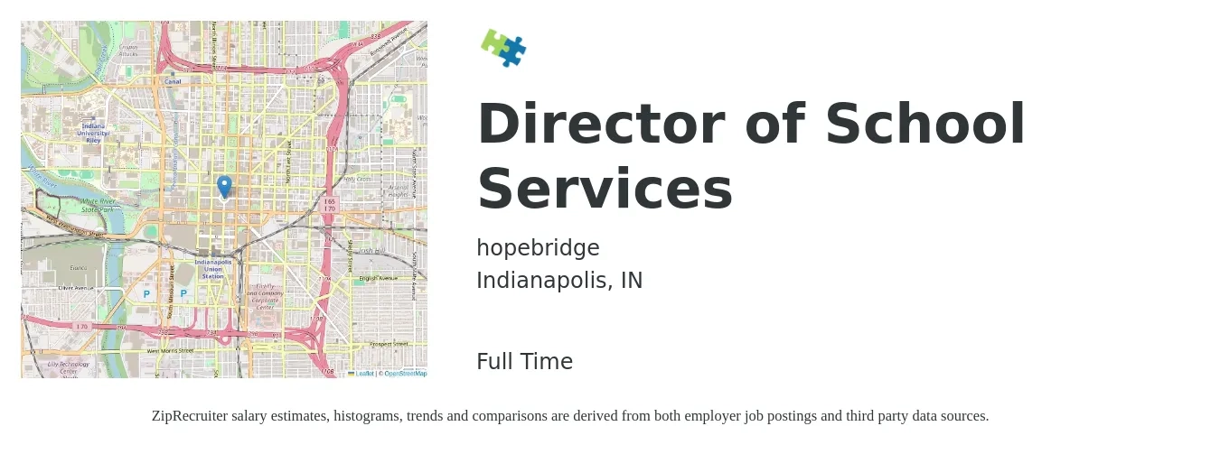 hopebridge job posting for a Director of School Services in Indianapolis, IN with a salary of $57,400 to $105,100 Yearly with a map of Indianapolis location.