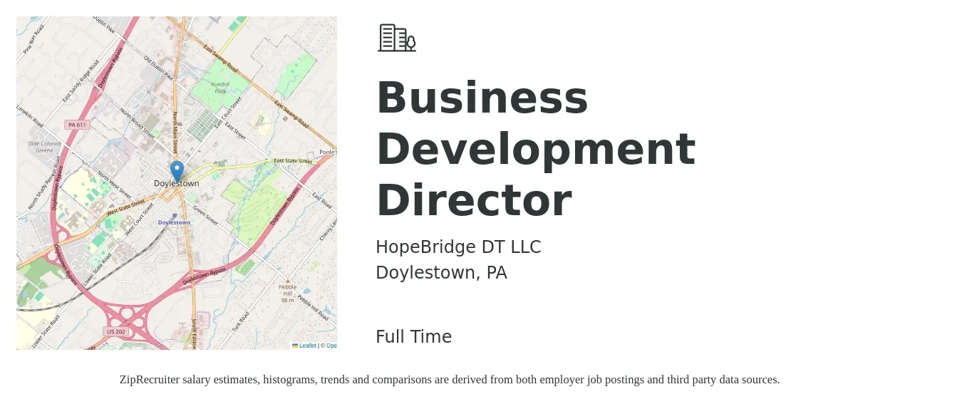 HopeBridge DT LLC job posting for a Business Development Director in Doylestown, PA with a salary of $93,100 to $150,800 Yearly with a map of Doylestown location.