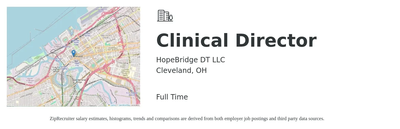 HopeBridge DT LLC job posting for a Clinical Director in Cleveland, OH with a salary of $77,600 to $105,700 Yearly with a map of Cleveland location.