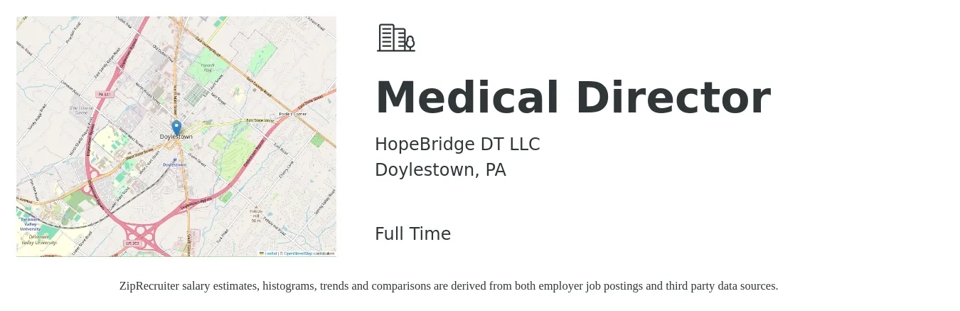 HopeBridge DT LLC job posting for a Medical Director in Doylestown, PA with a salary of $197,100 to $283,200 Yearly with a map of Doylestown location.