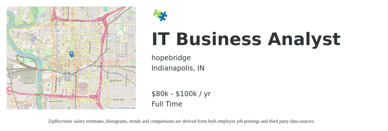 hopebridge job posting for a IT Business Analyst in Indianapolis, IN with a salary of $80,000 to $100,000 Yearly with a map of Indianapolis location.