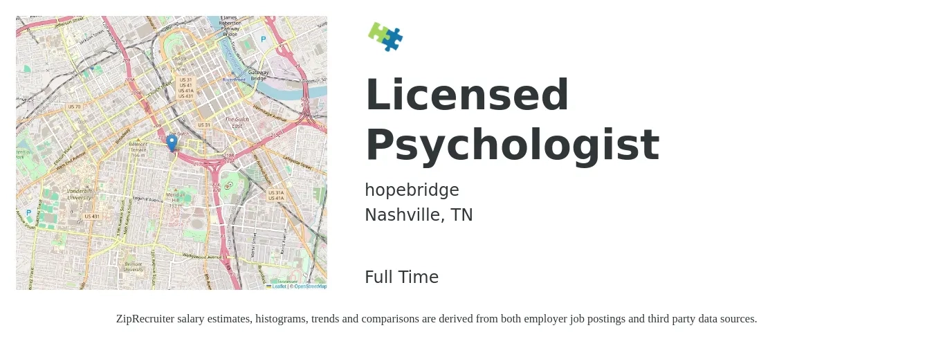 hopebridge job posting for a Licensed Psychologist in Nashville, TN with a salary of $88,400 to $137,600 Yearly with a map of Nashville location.