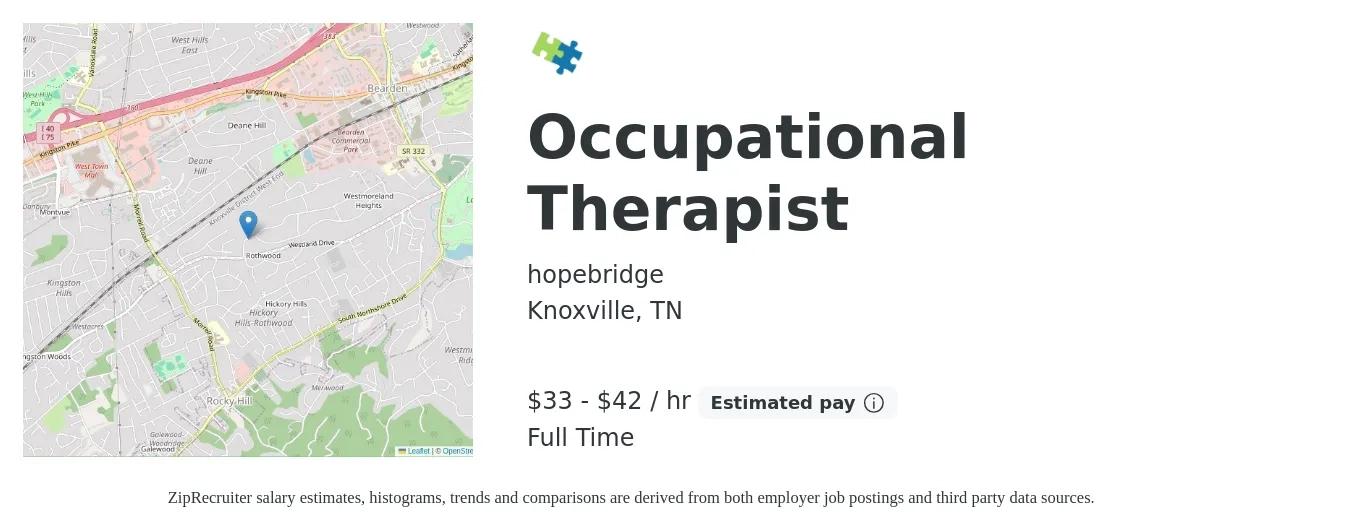 hopebridge job posting for a Occupational Therapist in Knoxville, TN with a salary of $35 to $44 Hourly with a map of Knoxville location.