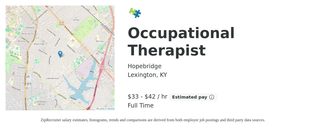 hopebridge job posting for a Occupational Therapist in Lexington, KY with a salary of $35 to $44 Hourly with a map of Lexington location.