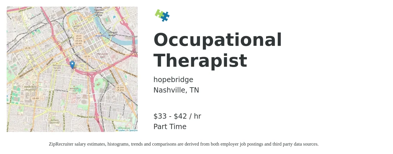 hopebridge job posting for a Occupational Therapist in Nashville, TN with a salary of $35 to $44 Hourly with a map of Nashville location.