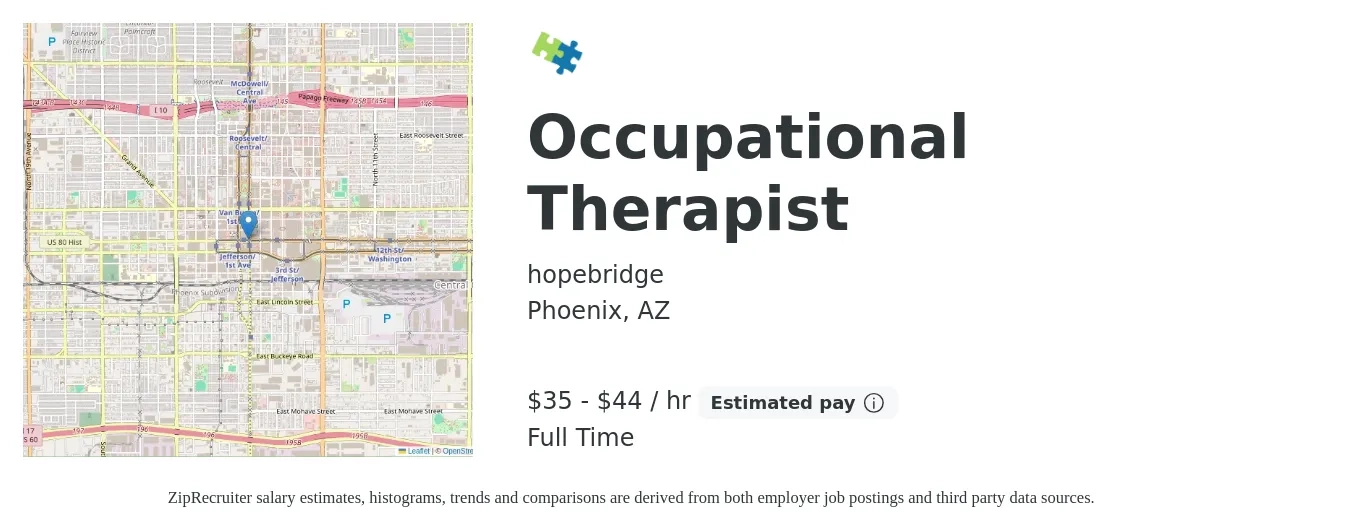 hopebridge job posting for a Occupational Therapist in Phoenix, AZ with a salary of $37 to $46 Hourly with a map of Phoenix location.