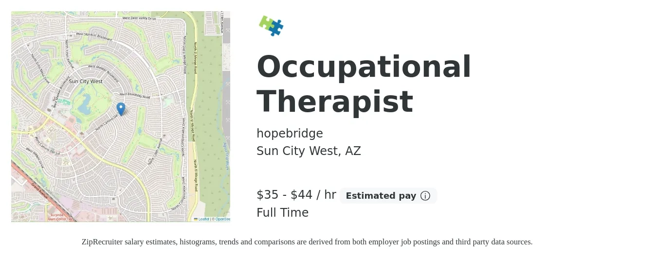 hopebridge job posting for a Occupational Therapist in Sun City West, AZ with a salary of $37 to $46 Hourly with a map of Sun City West location.