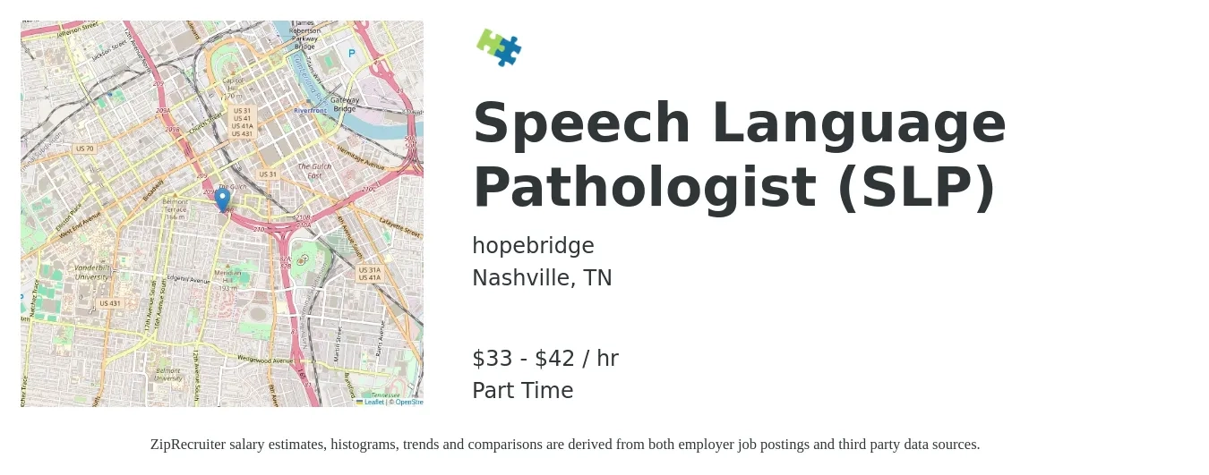 hopebridge job posting for a Speech Language Pathologist (SLP) in Nashville, TN with a salary of $35 to $44 Hourly with a map of Nashville location.